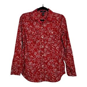 Chaps Denim Womens Medium Red Floral Paisley Button Down 100% Cotton Shirt Top